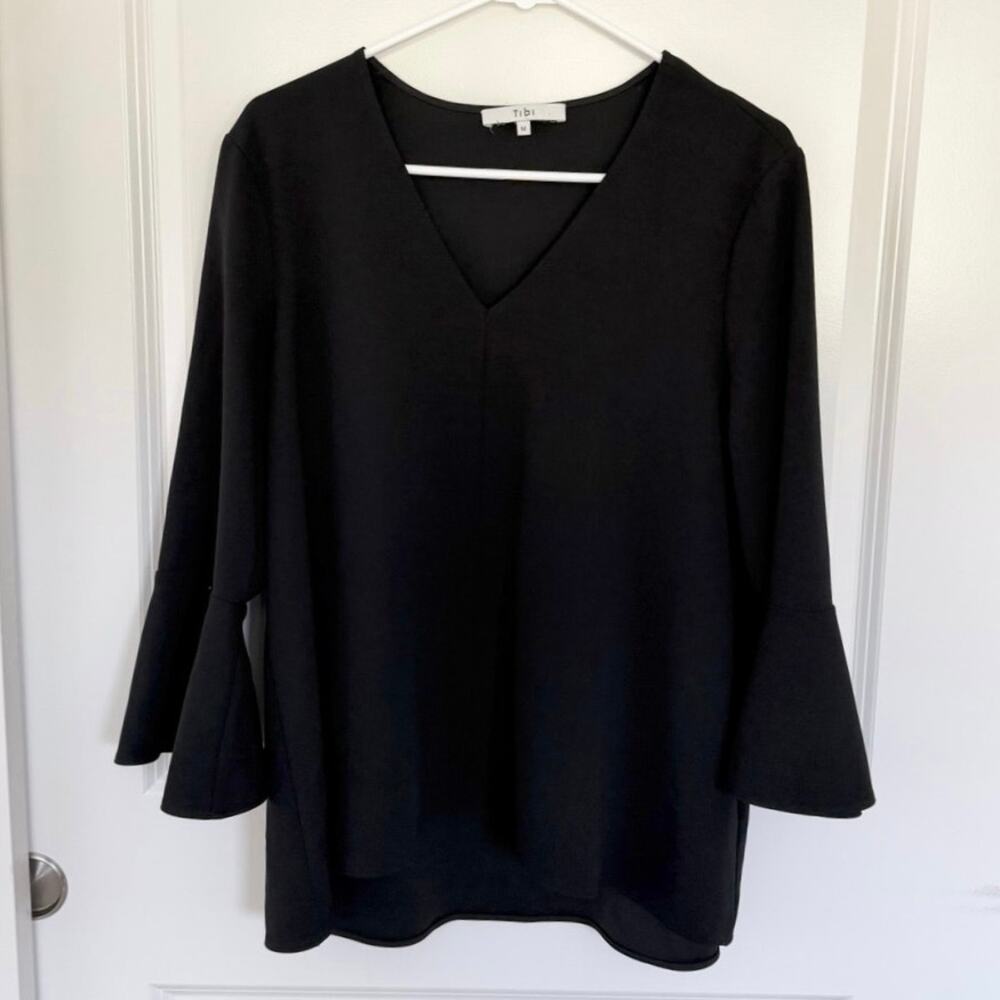 Tibi Bell Sleeve V Neck Blouse Black Medium